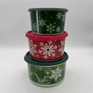 Tupperware Christmas Wonderlier Bowls Set 3 Green Red Snowflake Holiday